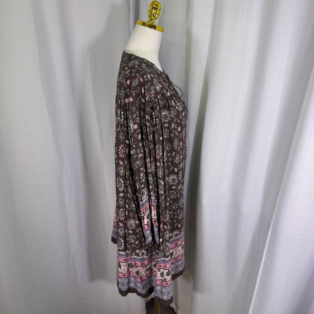 Natural Life Floral Paisley Boho Mini Dress Womens Large Brown Rayon Tie Neck - Picture 10 of 10